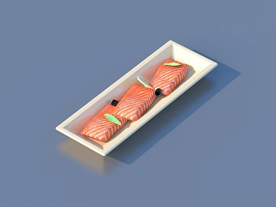 Fresh Salmon Slices Served on White Rectangular Plate with Green Garnish and Black Sesame 3d model