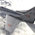 Military Fighter Jet Flying Through Clouds with Deployed Landing Gear and Missiles