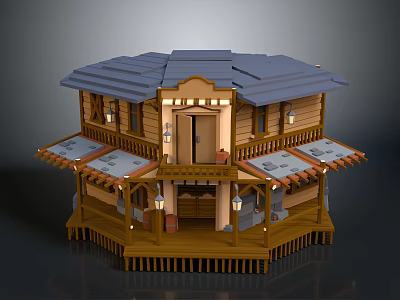 Octagonal Wooden Two Story Building With Blue Roof Balconies Awnings And Lanterns 3d model
