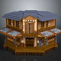 Octagonal Wooden Two Story Building With Blue Roof Balconies Awnings And Lanterns