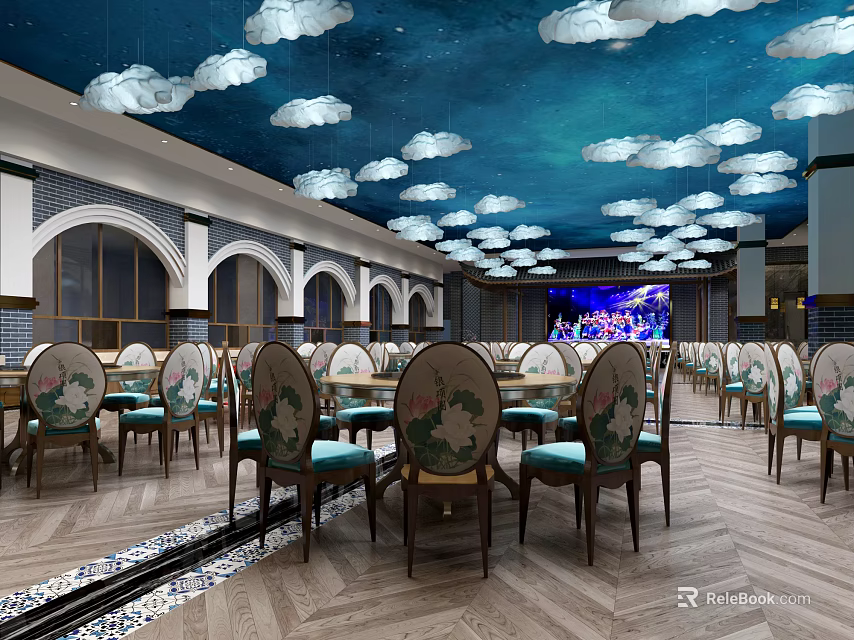Elegant Banquet Hall With Starry Sky Ceiling Cloud Decorations Round Tables And Lotus Patterned Chairs 3d model