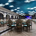 Elegant Banquet Hall With Starry Sky Ceiling Cloud Decorations Round Tables And Lotus Patterned Chairs 3d model
