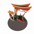 Chinese Style Photo Check In Spot With Traditional Pavilion Colorful Decorations And Green Plants