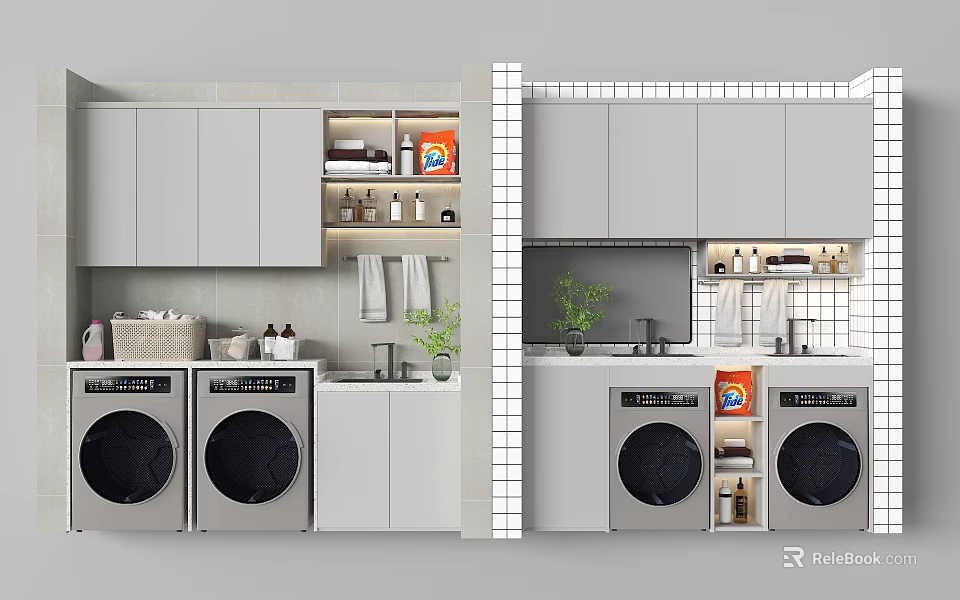 Modern Home Balcony Design With Washing Machines Cabinets Shelves And Green Plants 3d model 
