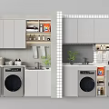 Modern Home Balcony Design With Washing Machines Cabinets Shelves And Green Plants