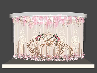 Elegant Floral Installation With Pink Tassels Golden Curved Design And White Patterned Backdrop 3d model