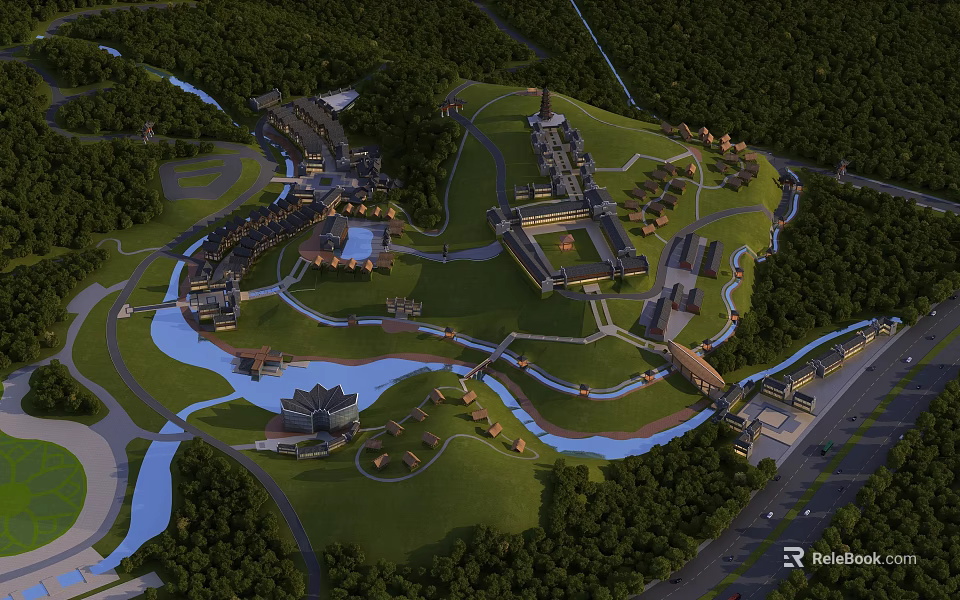 Aerial View Planning of Integrated Development with Green Spaces Water Bodies and Roads 3d model 