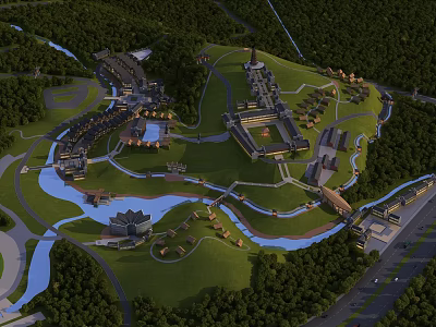 Aerial View Planning of Integrated Development with Green Spaces Water Bodies and Roads 3d model