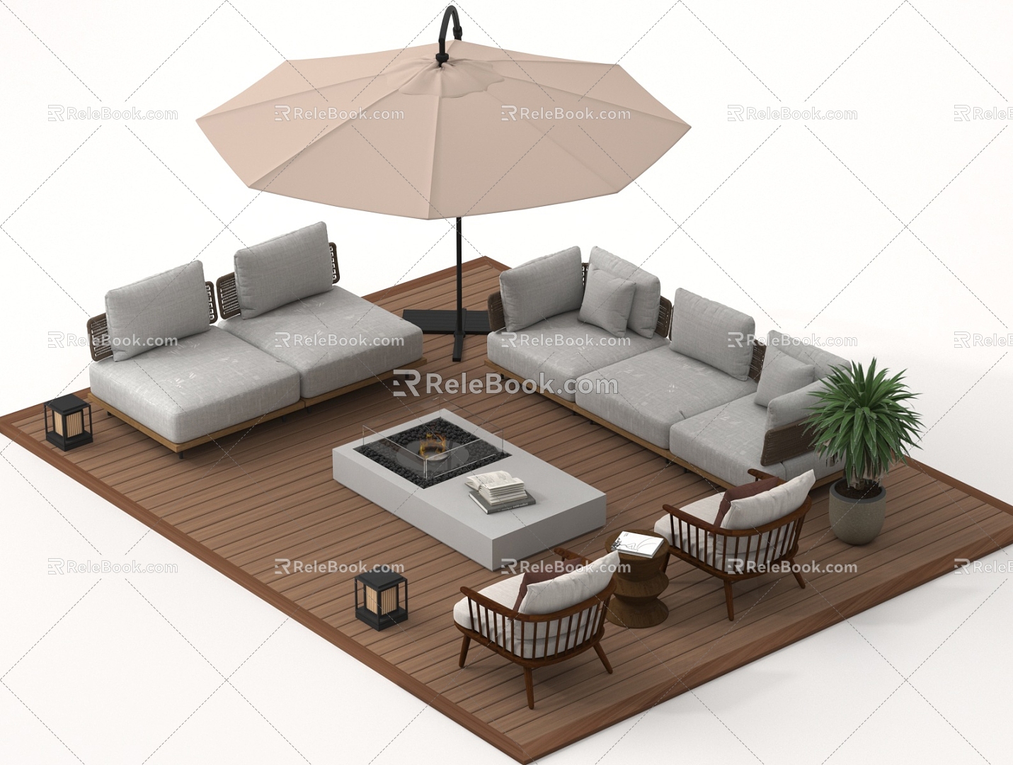 Modern Outdoor Sofa Coffee Table Leisure Chair Sunshade Green Plant Ornaments 3d model