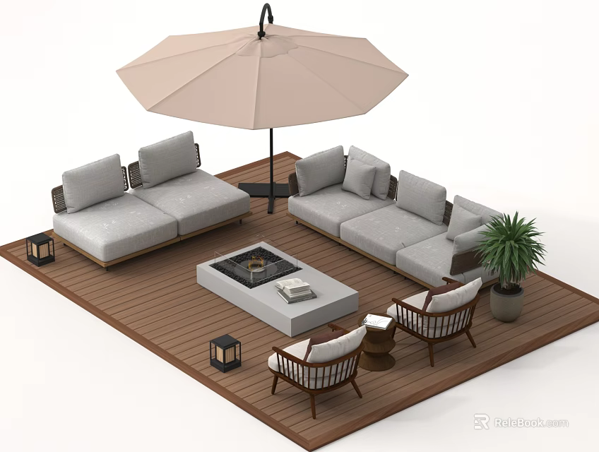 Outdoor Sofa on Wooden Deck with Umbrella Fire Pit Table Chairs Potted Plant and Lanterns 3d model 