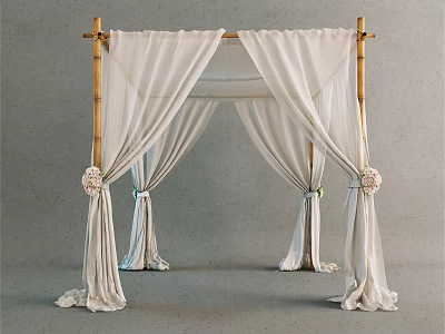 Elegant Bamboo Frame Tent With White Drapery And Decorative Flower Accents 3d model