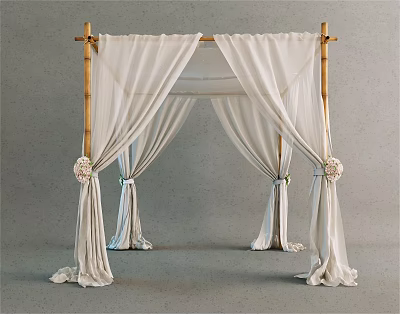 Elegant Bamboo Frame Tent With White Drapery And Decorative Flower Accents 3d model