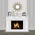 White Ornate Fireplace With Carved Mantel Sunburst Mirror Above Burning Fire Gray Paneled Walls