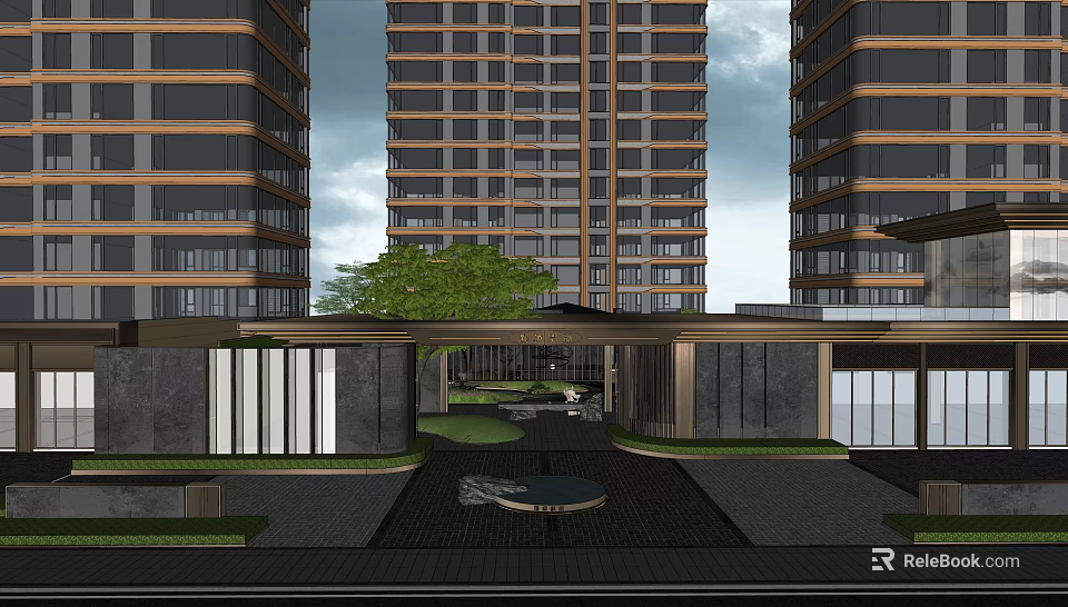 Modern Entrance Gate of High Rise Building with Landscaping and Glass Facade Design 3d model 