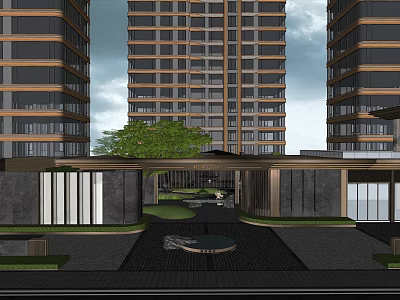 Modern Entrance Gate of High Rise Building with Landscaping and Glass Facade Design 3d model