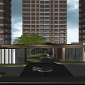 Modern Entrance Gate of High Rise Building with Landscaping and Glass Facade Design