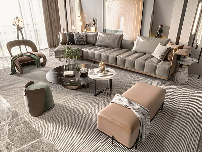 Modern Luxury Sofa And Coffee Table Set With Ottoman Plants And Living Room Decor 3d model