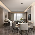 Modern Living and Dining Room Interior With Sofa Dining Table Plants And Marble Floor