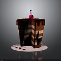 Delicious Layered Cake With Chocolate Drizzle Cherry On Top White Plate And Sauce Drops