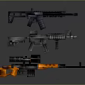 3D Rendered Pixel Style Weapons Three Different Types With Black Gray Orange On Gray Background