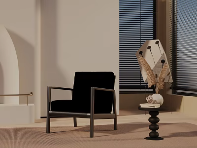 Black Velvet Leisure Chair With Metal Frame In Modern Interior Side Table And Feather Decor 3d model