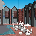 Modern Red Brick Architecture With Gabled Windows Courtyard Pool And People Gathering