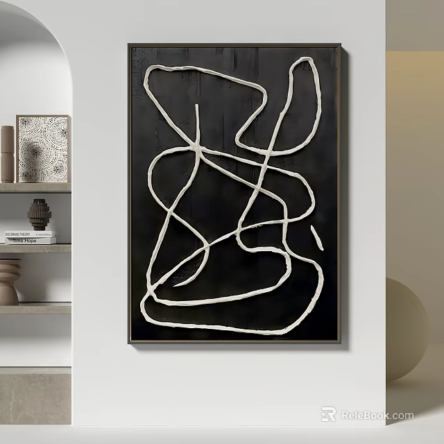 Abstract Wall Art With Black Background And White Curved Lines Decor 3d model