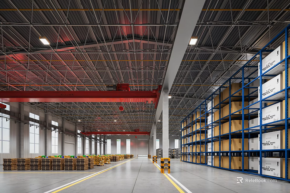 Spacious Bright Modern Industrial Warehouse Equipped With Storage Racks Stacked Pallet Goods And Overhead Cranes 3d model 