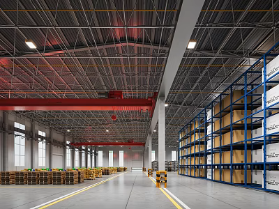 Spacious Bright Modern Industrial Warehouse Equipped With Storage Racks Stacked Pallet Goods And Overhead Cranes 3d model