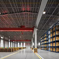 Spacious Bright Modern Industrial Warehouse Equipped With Storage Racks Stacked Pallet Goods And Overhead Cranes