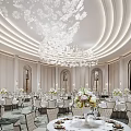 Banquet Hall Interior With Round Dining Tables Tableware Floral Bouquets And Chairs