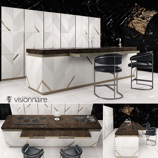 Elegant Modern Kitchen Interior Design With Geometric Backsplash Dark Island Cabinets And Black Chairs 3d model 