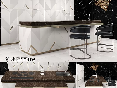 Elegant Modern Kitchen Interior Design With Geometric Backsplash Dark Island Cabinets And Black Chairs 3d model