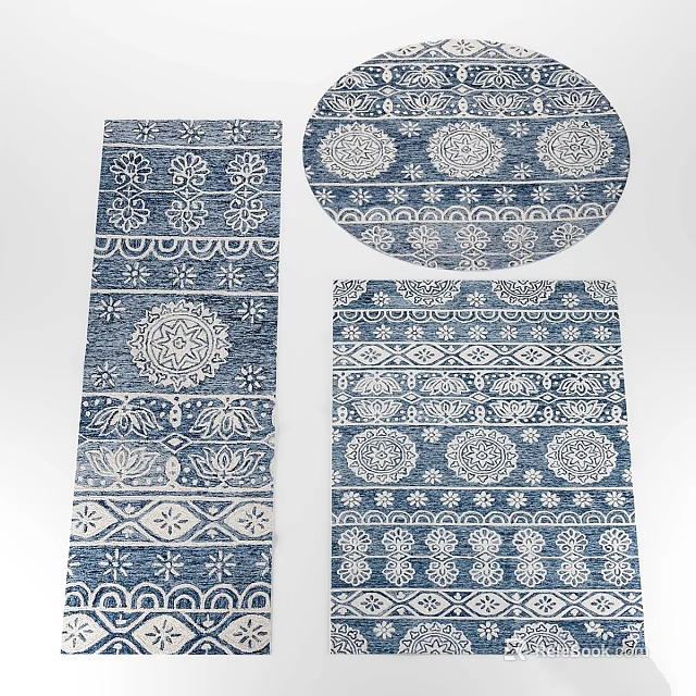 Decorative Square Rugs Featuring Blue And White Traditional Floral Geometric Patterns 3d model