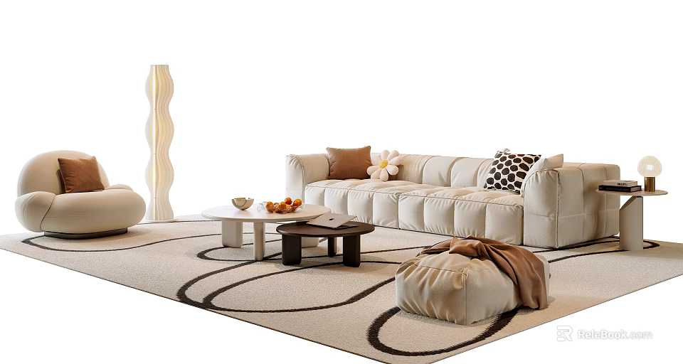 Stylish Beige Tufted Sofa Coffee Table Combination With Decorative Pillows And Geometric Rug 3d model 