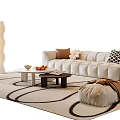 Stylish Beige Tufted Sofa Coffee Table Combination With Decorative Pillows And Geometric Rug