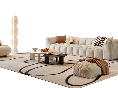 Stylish Beige Tufted Sofa Coffee Table Combination With Decorative Pillows And Geometric Rug 3d model