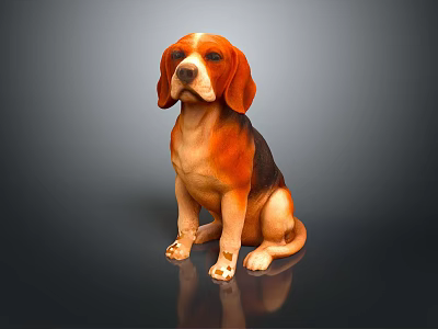 Sitting Beagle Dog Sculpture With Tricolor Coat Floppy Ears On Dark Surface With Reflection 3d model