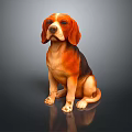 Sitting Beagle Dog Sculpture With Tricolor Coat Floppy Ears On Dark Surface With Reflection