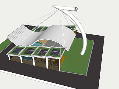Modern Stadium Building With White Canopy Roof Solar Panels And Green Area 3d model