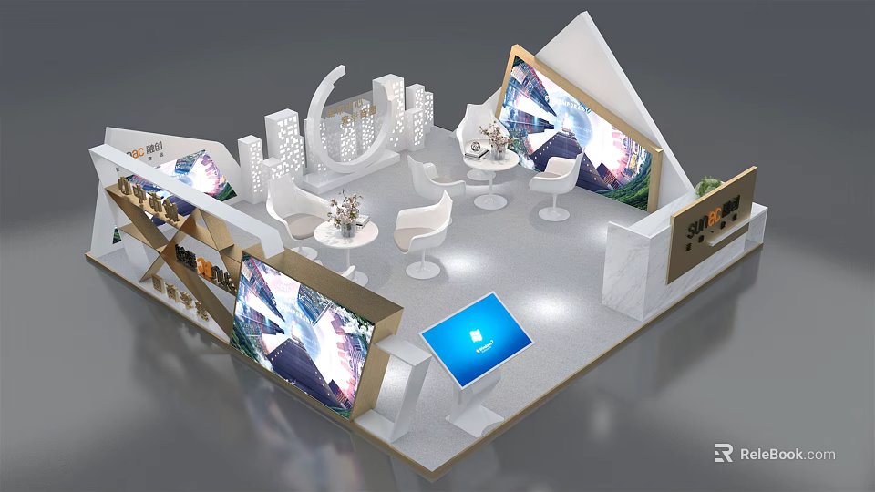 Modern Exhibition Booth with Large Digital Screens White Tables Seats and Display Shelves 3d model 