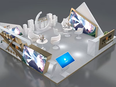 Modern Exhibition Booth with Large Digital Screens White Tables Seats and Display Shelves 3d model