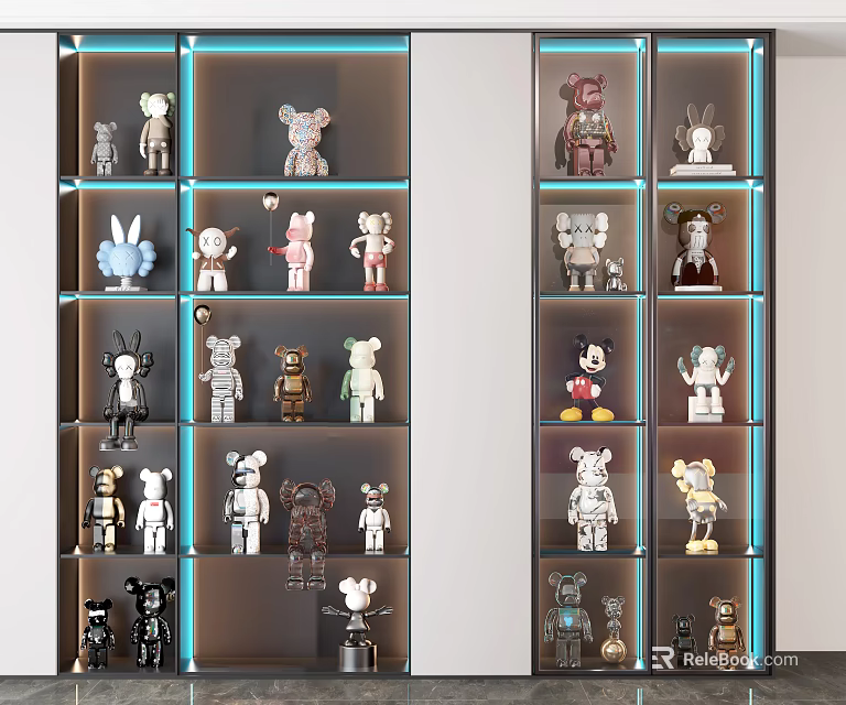 Varied Design Collectible Figurines In Glass Display Cabinet With LED Shelves 3d model 