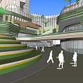 Modern Commercial Street With Curved Glass Facade Green Roof And Pedestrian Walkways