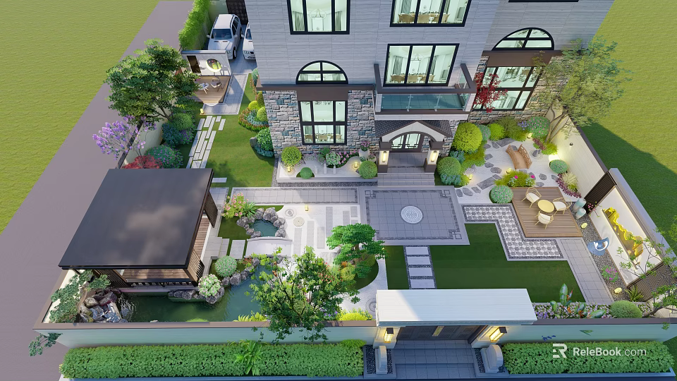 Garden Landscape Design With Lush Lawn Stone Pathways Pavilion And Water Feature 3d model 