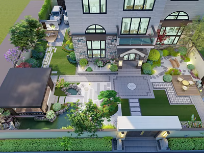 Garden Landscape Design With Lush Lawn Stone Pathways Pavilion And Water Feature 3d model