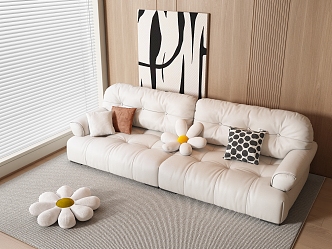 Modern Cream Style Double Sofa Leather Sofa Pillow Combination Hanging Picture Nordic Style 3d model