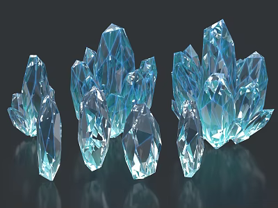 Blue Transparent Crystal Clusters With Glossy Texture And Dark Background Reflections 3d model
