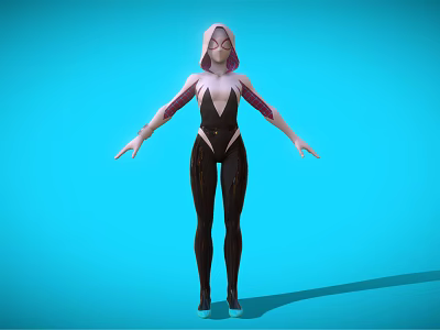 Spider Themed Superhero Character In Black Suit With Pink Accents And Blue Background 3d model