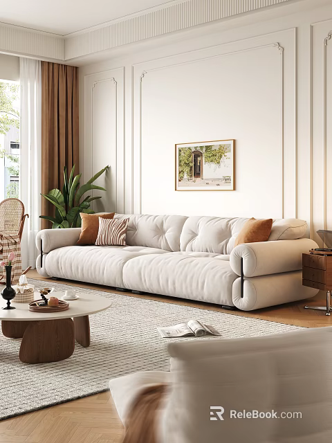 Modern White Double Sofa With Brown Cushions Green Plant And Coffee Table 3d model